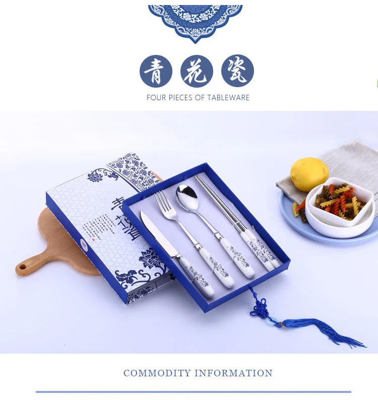 Description Picture 3 of itemBlue and white porcelain cutlery spoon stainless steel spoon Western tableware set ceramic handle knife and fork dinner set