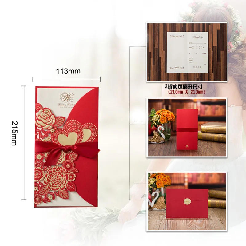 Description Picture 3 of item1pc Sample Red Laser Cut Wedding Invitations Card Rose Heart Greeting Cards with Ribbon Envelopes Wedding Party Favor Decoration