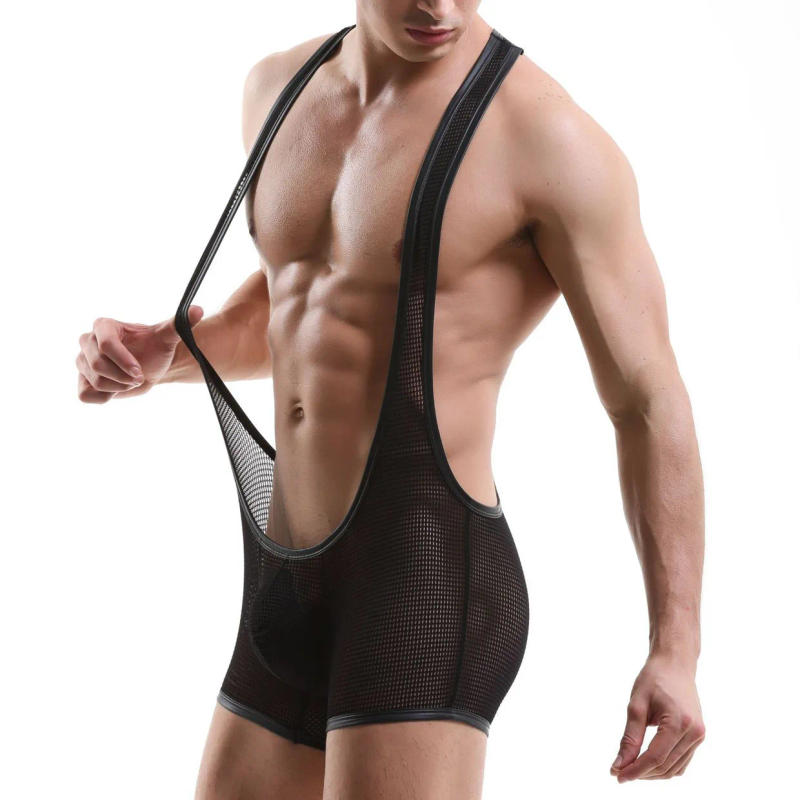 Description Picture 4 of itemMens Undershirts Mesh Stretchy Onesies Wrestling Singlet Bodysuit Leotard Lingerie Jumpsuit Underwear Boxer Shorts Nightwear
