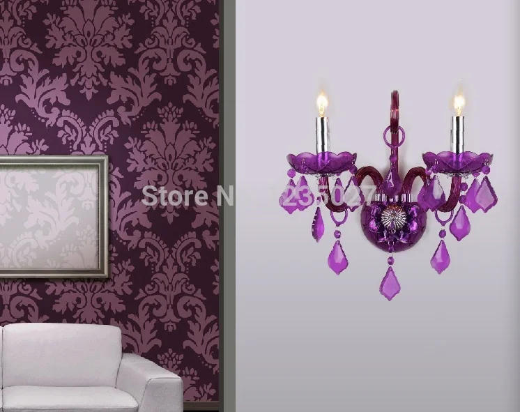 Description Picture 5 of itemNew Arrival Hotsale Purple Crystal Wall Lamp Candle Led E14 Bulbs Purple Fabric Lampshade 2 Lights 100% Guaranteed