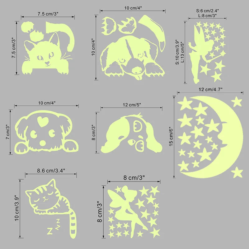 Description Picture 3 of itemFunny Cat Dog Switch Stickers Glow In The Dark Wall Mural Art Kids Room Home Decoration Fairy Star Moon Luminous Pvc Wall Decals