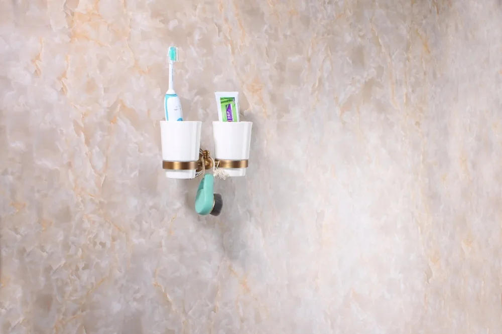 Description Picture 4 of itemEuropean Luxury European Style Antique Copper Toothbrush Tumbler Cup Holder With 2 Cups Wall Mounted Bath Product 9060K