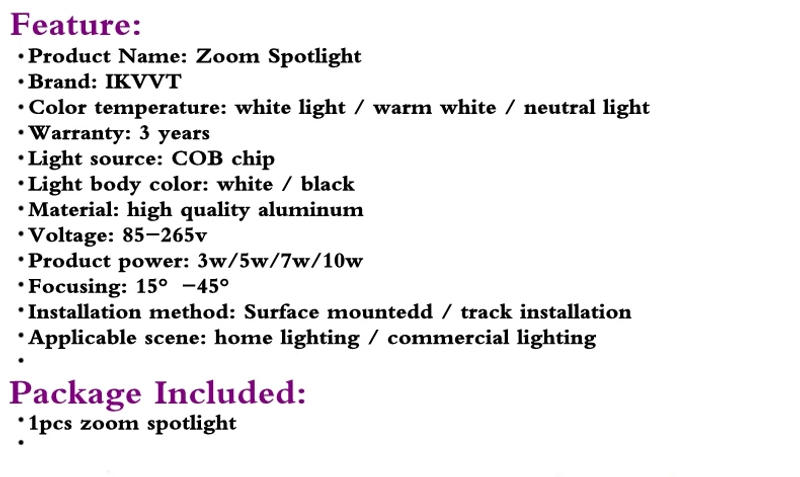Description Picture 3 of itemAdjustable Zoom LED Surface Mounted Spotlight 3w5w7w10w Track Light Black White AC110V 220V прожектор