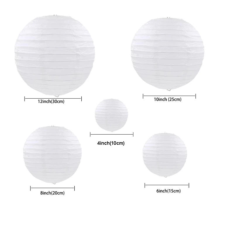 Description Picture 3 of item10pcs/set Mixed Size(4''-12'') Gold White Paper Lanterns Chinese Ball Lampion Wedding Lanterns For Party Birthday Decoration