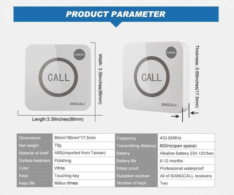 Description Picture 5 of itemSINGCALL Wireless Calling System, Big Touchable Two Keys, Waterproof Pager, Call and Cancel Keys, APE520C with Hand Shank