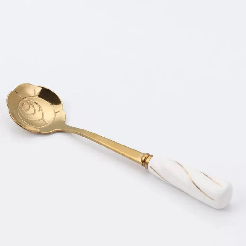 Description Picture 6 of itemTableware Coffee Stirring Spoon Ceramic Handle Flower Scoop Stainless Steel Gold Plated Cherry Rose Spoons Kitchen Tools