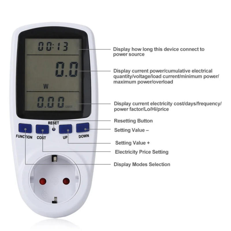 Description Picture 3 of itemLCD Digital Volt Voltage Wattmeter Power Analyzer Electronic Energy Meter Automatic Kwh Switch EU plug AC Meters 220v socket