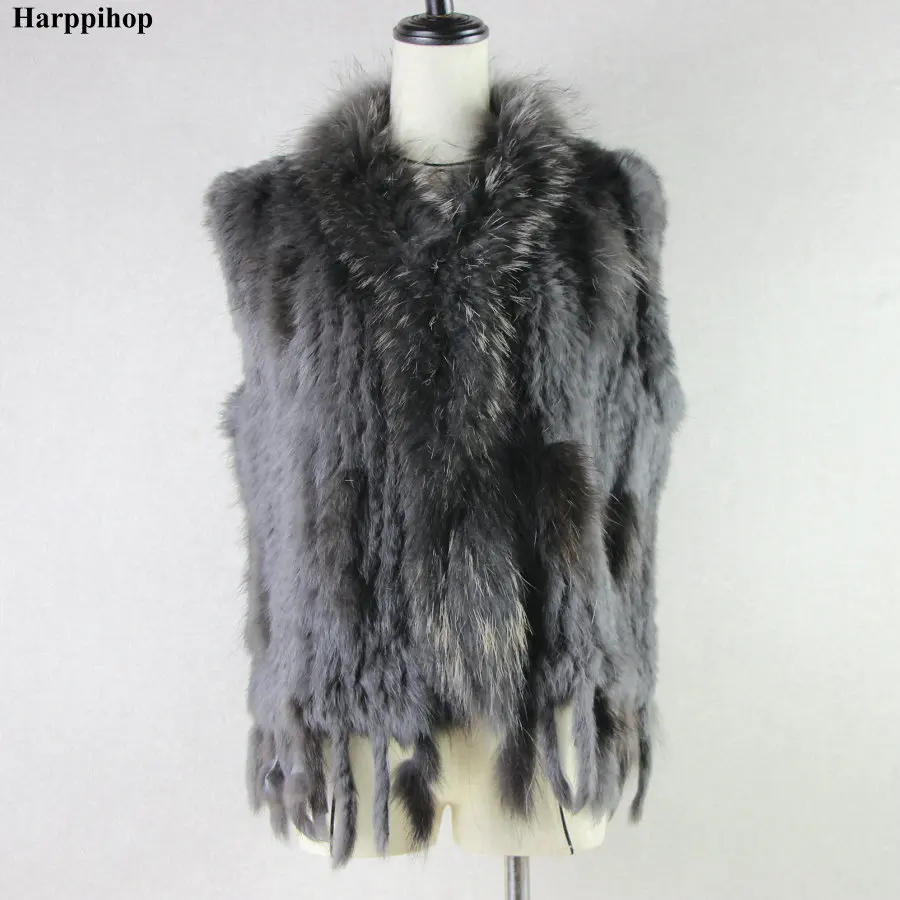 Description Picture 4 of itemHarppihop Free shipping womens natural real rabbit fur vest with raccoon fur collar waistcoat/jackets rex rabbit knitted winte