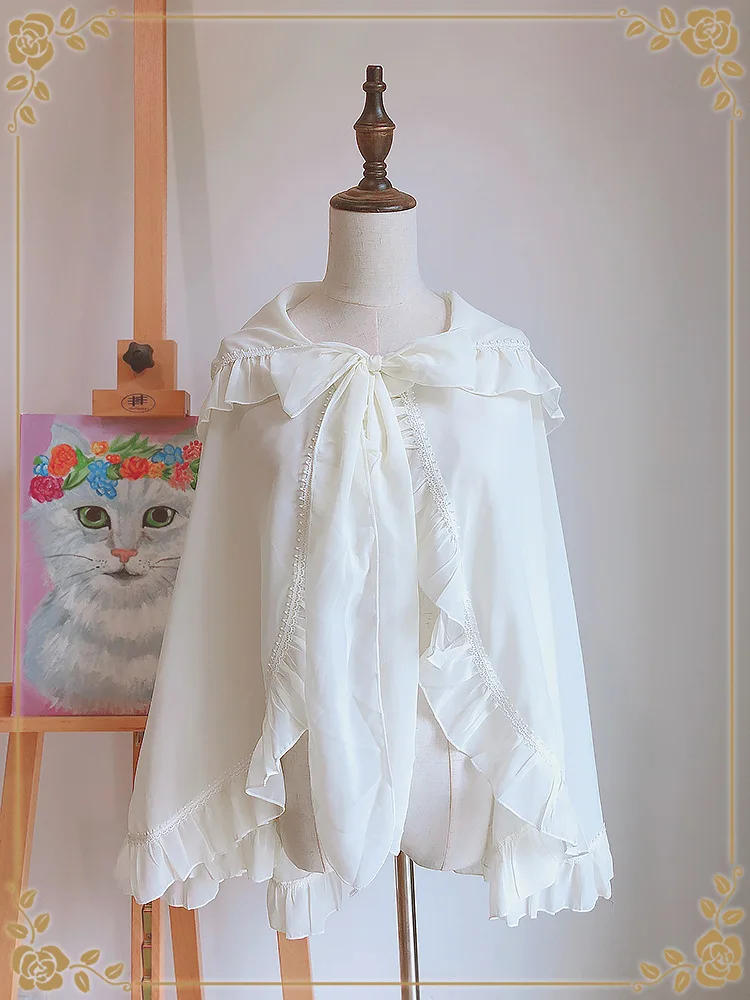 Description Picture 2 of itemChiffon Hooded Wrap Shawl Open Front Top Cardigan Tie Cover-Up Jacket For Women Ruffle Blouse Cape Cloak Coat Lolita Poncho Lady