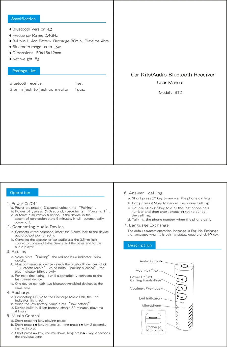 Description Picture 3 of itemWireless Bluetooth Receiver 3.5mm Jack Bluetooth Audio Music adapter with Mic for Headphone Speaker for Free Shipping