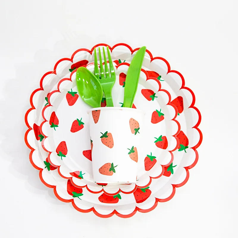 Description Picture 6 of itemStrawberry Pattern Disposable Tableware Gold Foil Paper Plates Cups Baby Shower Birthday Party Wedding Supplies Tableware