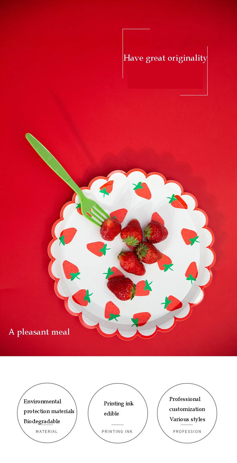 Description Picture 4 of itemStrawberry Pattern Disposable Tableware Gold Foil Paper Plates Cups Baby Shower Birthday Party Wedding Supplies Tableware