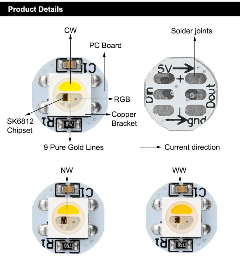 Description Picture 3 of item10 Pcs WS2812B LED Chip with Heatsink Board 10mm x 3mm WS2811 IC 5050 SMD RGB LED SK6812 RGBW RGBNW RGBWW Black White PCB DC5V