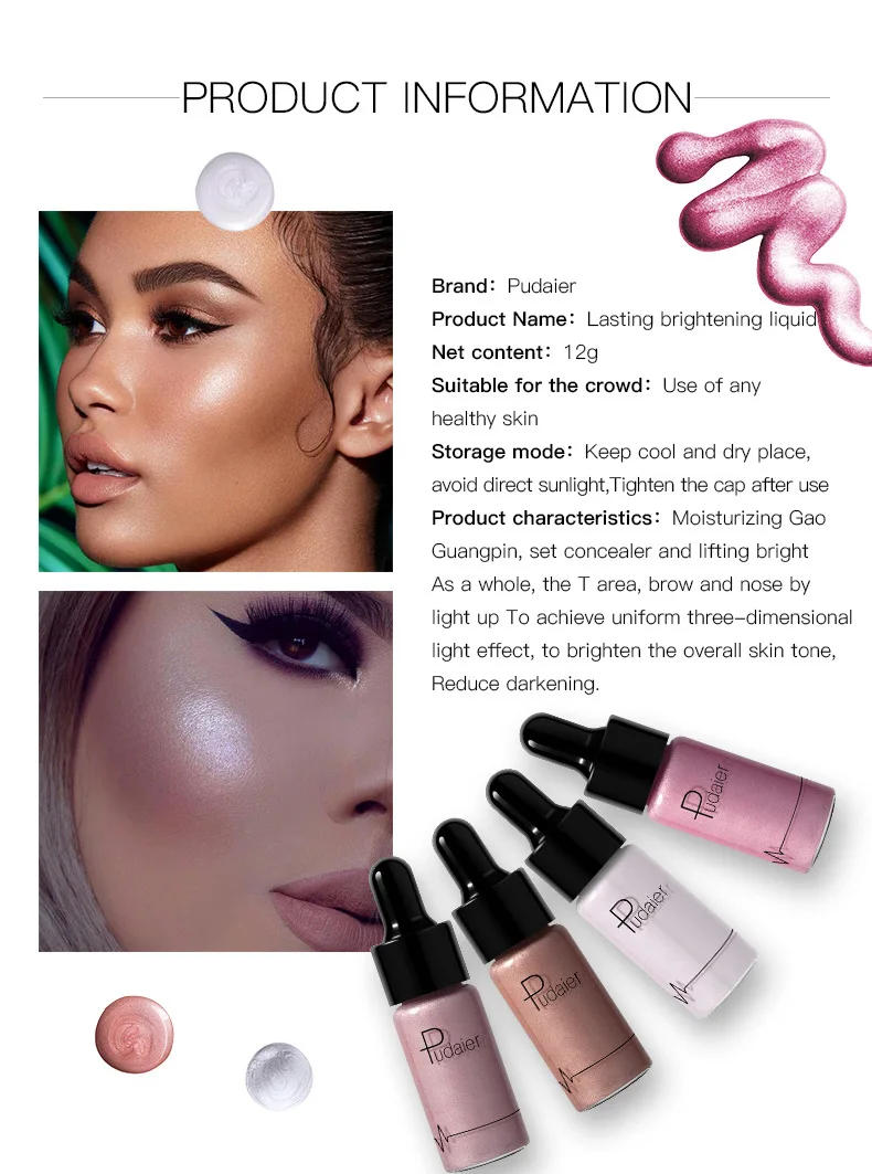 Description Picture 3 of item12 Color Liquid r  Nude Contouring Face Brightener Glow Shimmer 3D Bronzer Highlighter Glitter Makeup Cream
