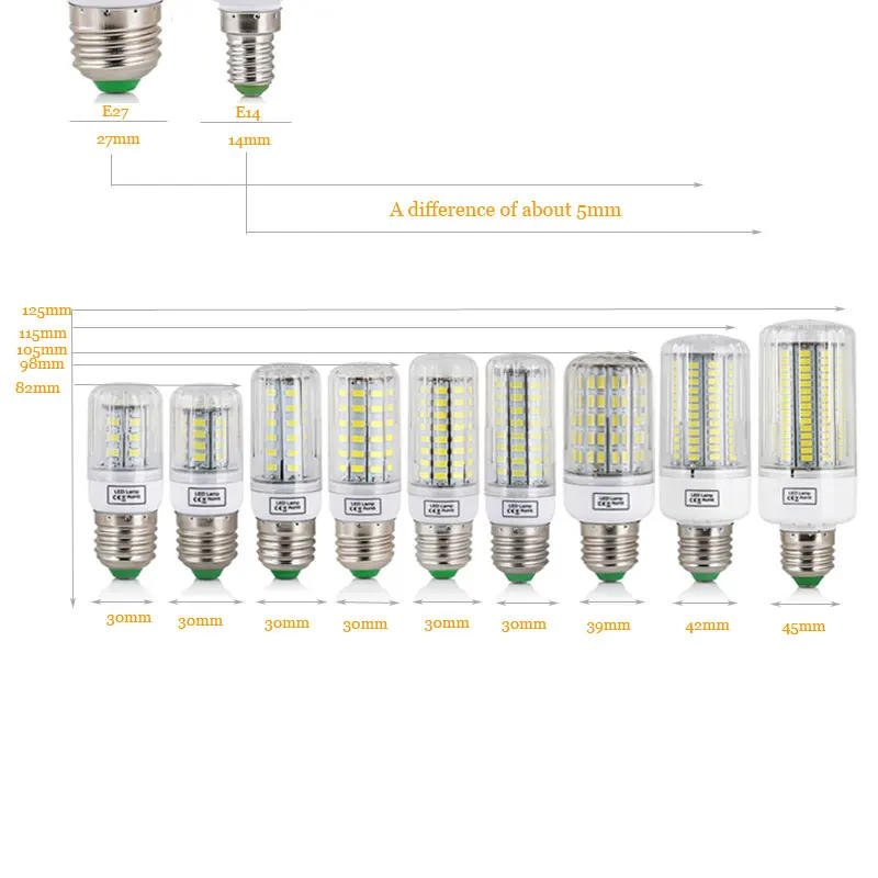 Description Picture 2 of itemE27 E14 LED Lamp 5730 SMD Corn Lamp Bulbs 220V 24 30 42 64 80LEDs 7W 12W 15W 20W 25W Lampada Ampoule Chandelier Lighting