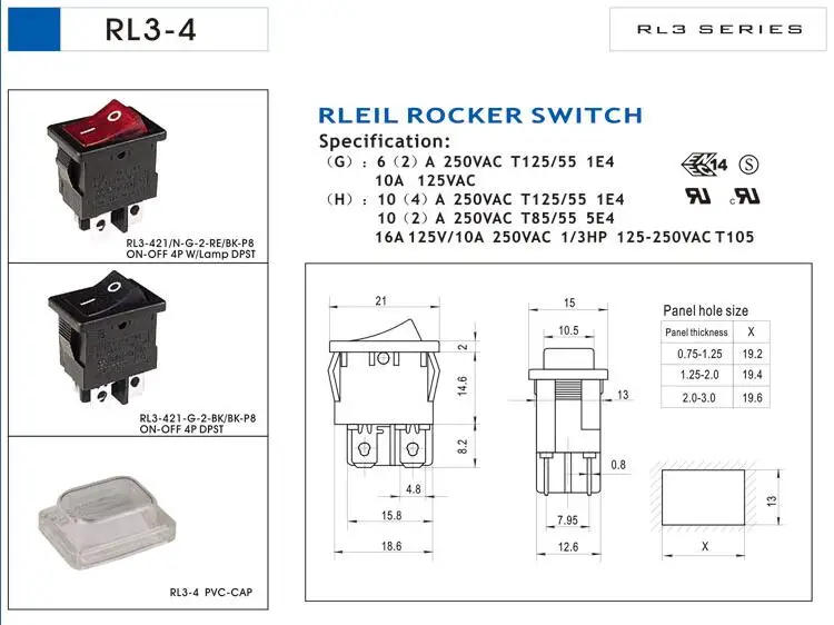 Description Picture 2 of item10Pcs 15x21mm RLEIL RL3-4 Red Indicator 4Pin ON-OFF DPST Mini Rocker Switch 10A 125VAC