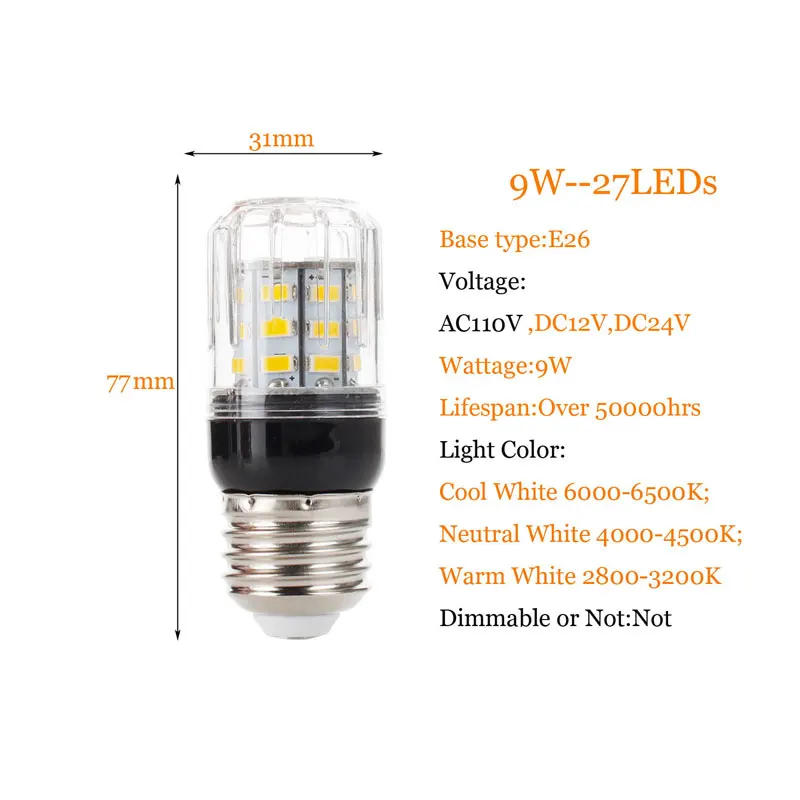 Description Picture 6 of itemE27 E14 E12 E26 SMD 5730 27LEDs 7W LED Corn Bulb Lamp Christmas Chandelier Candle Light Home Lighting AC 110V 220V DC 12V 24V