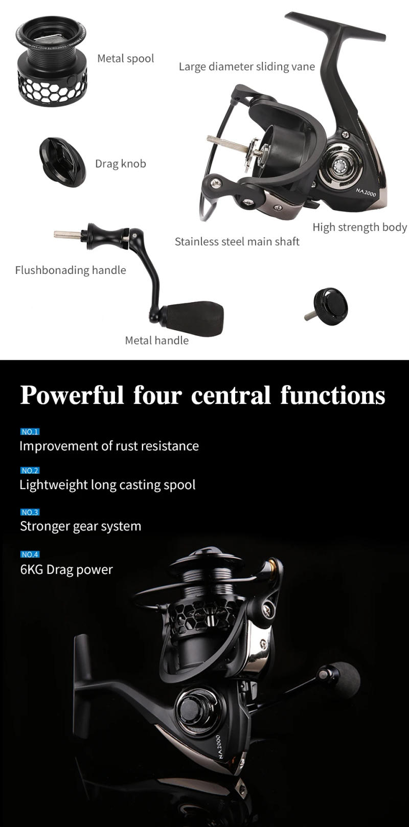 Description Picture 3 of itemTSURINOYA NA2000 3000 3000 4000 5000 9BB 5.2:1 Grae Ratio Saltwater Fishing Reels Lightweight Spinning Fishing Reel