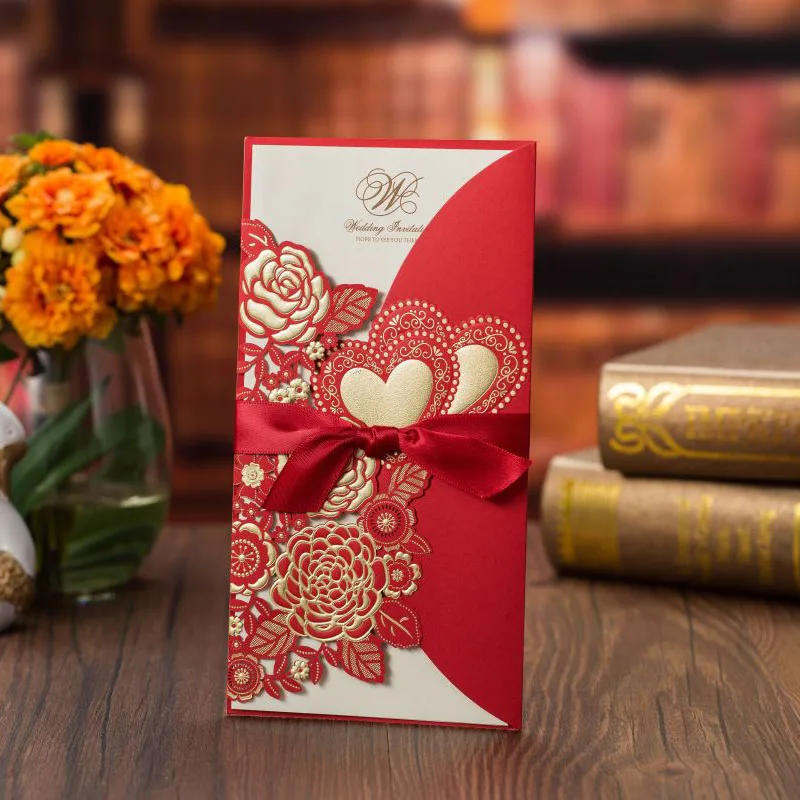 Description Picture 2 of item1pc Sample Red Laser Cut Wedding Invitations Card Rose Heart Greeting Cards with Ribbon Envelopes Wedding Party Favor Decoration