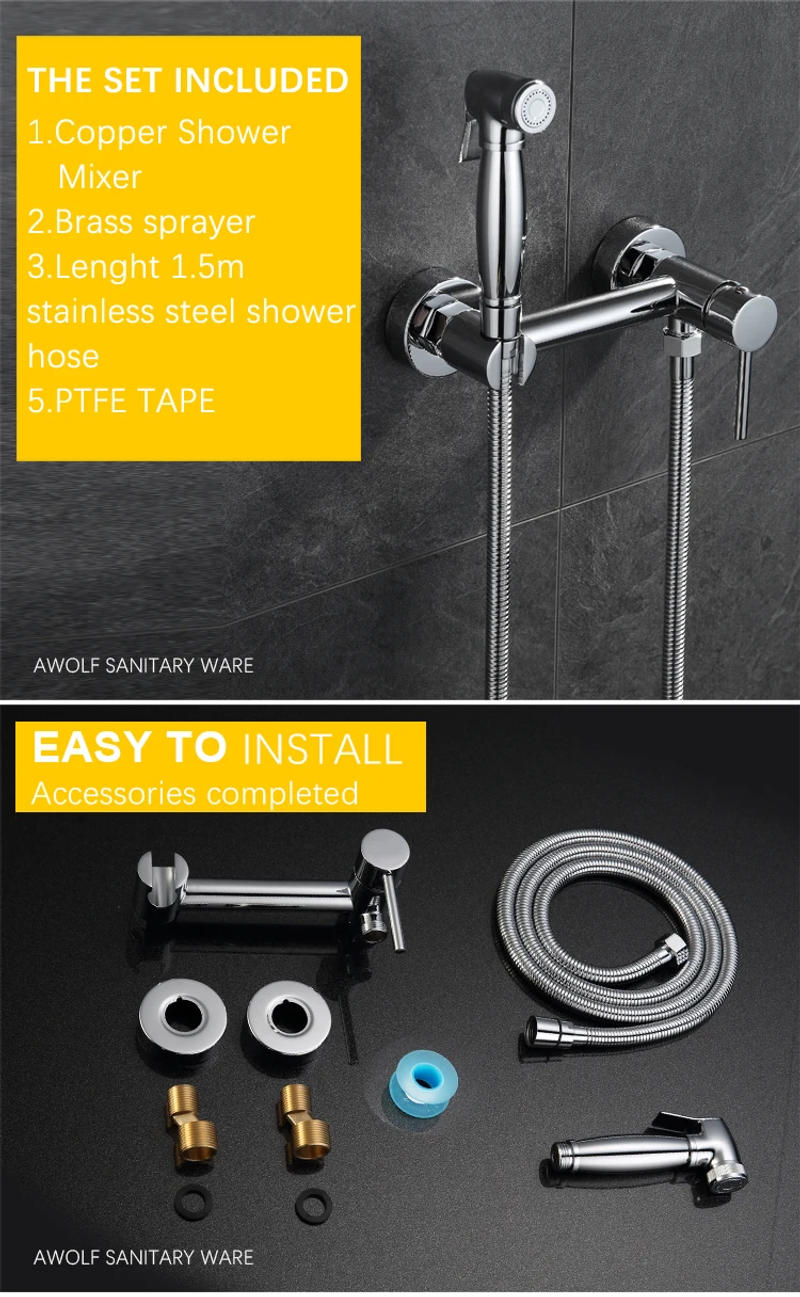 Description Picture 5 of itemAwolf Solid Brass Chrome Bidet Faucet Handheld Toilet Bidet Sprayer Set Hot and Cold Bathroom Toilet Washer Shattaf AP2154