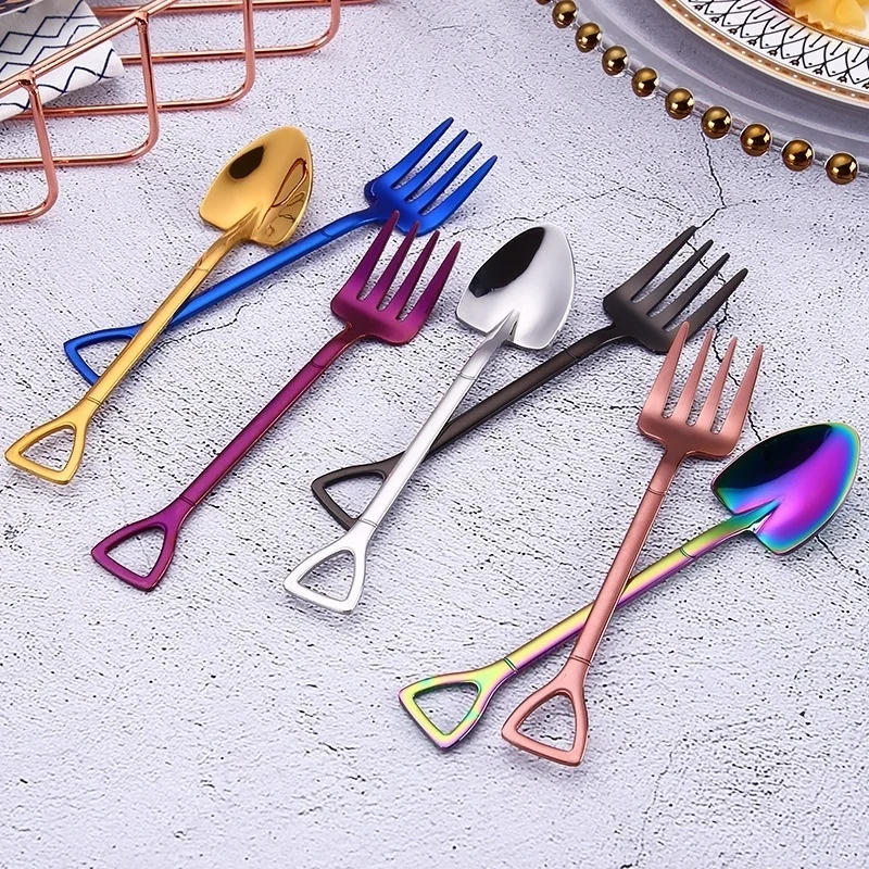 Description Picture 4 of item1PCS Creative Shovel Shape Dessert Spoon Stainless Steel Coffee Stirring Spoon Shovel Fork Fruit Fork Home Kitchen Tableware
