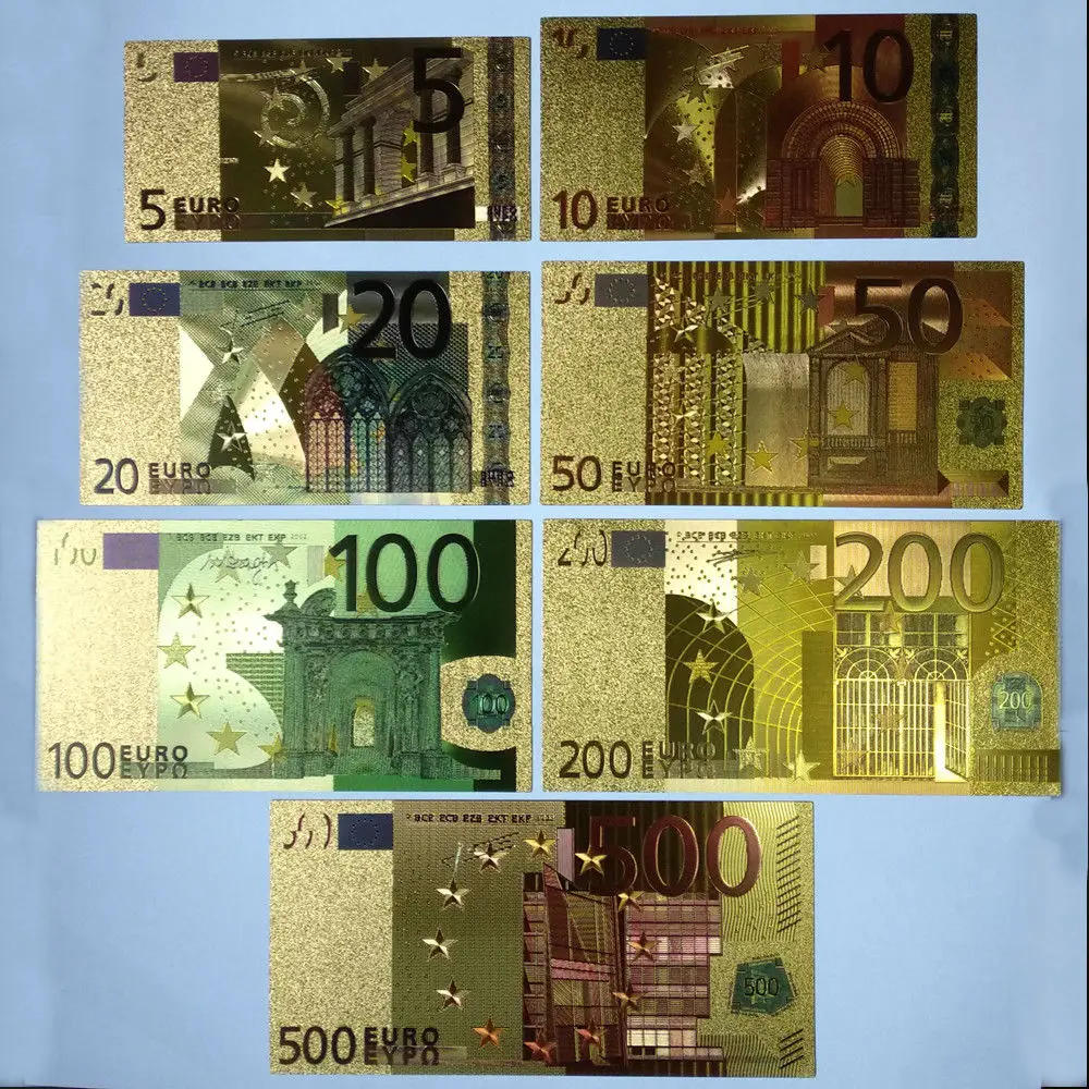 Description Picture 2 of itemColorful 24k Gold Foil 7pcs Euro US Dollar Set Banknote Decor Souvenir Gift Creative Gold Foil Paper
