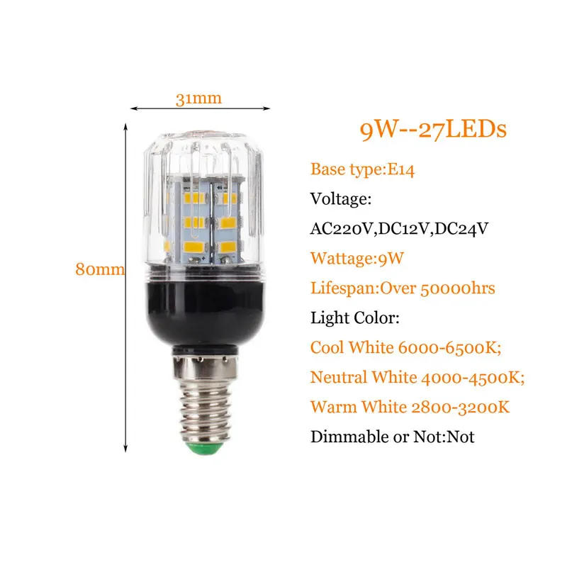 Description Picture 4 of itemE27 E14 E12 E26 SMD 5730 27LEDs 7W LED Corn Bulb Lamp Christmas Chandelier Candle Light Home Lighting AC 110V 220V DC 12V 24V