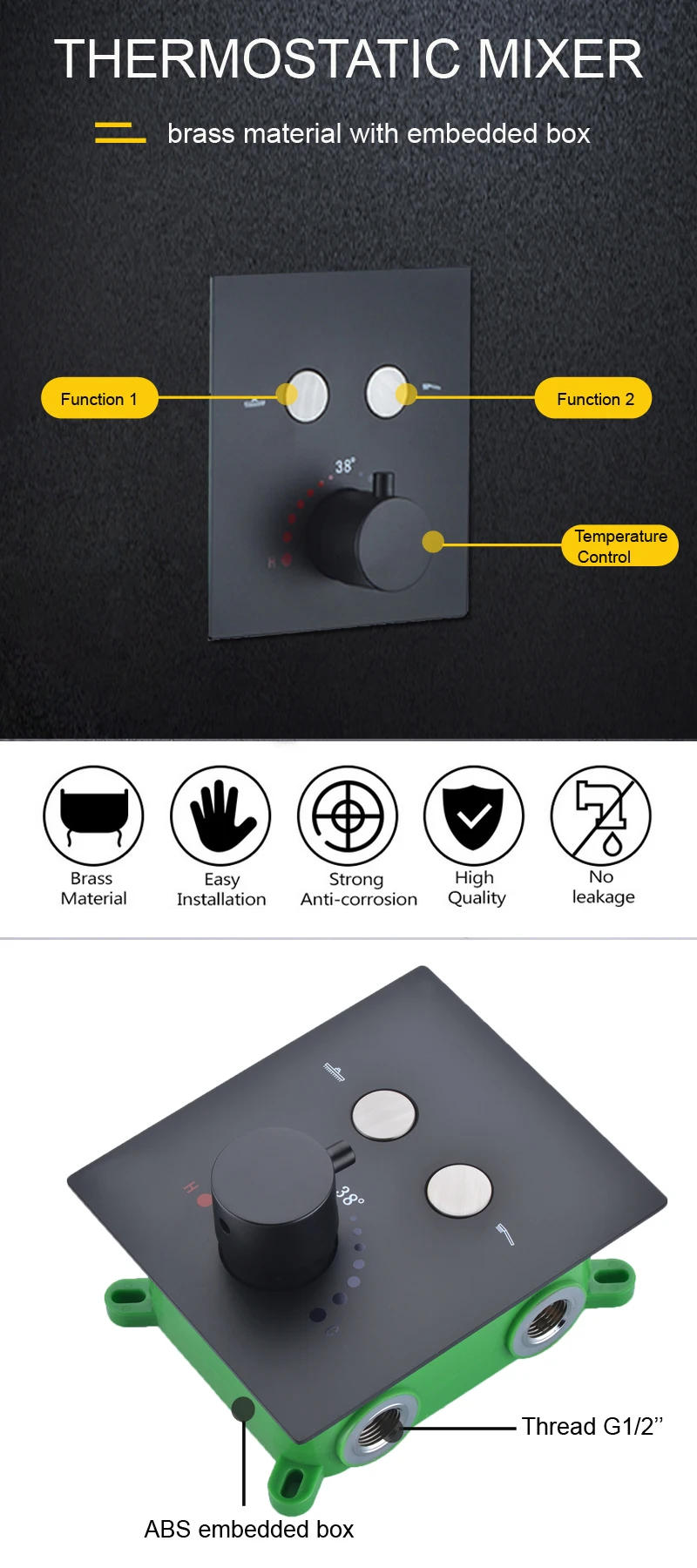 Description Picture 2 of itemBathroom Accessories 2 Ways Wall Mounted Thermostatic Mixer Brass Matt Black