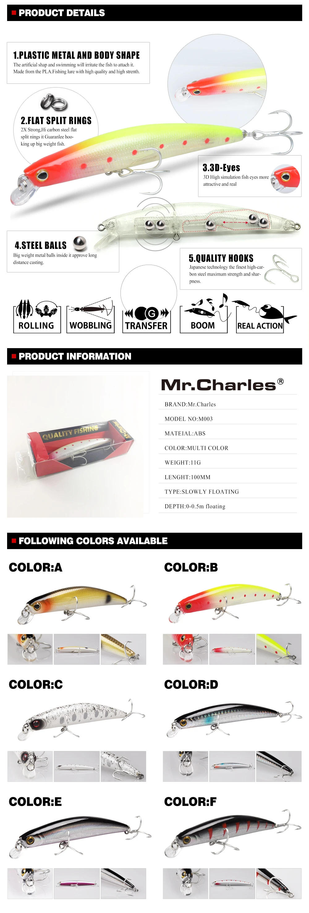 Description Picture 2 of itemMr.Charles CMC003 Fishing Lure 100mm/11g 0-0.5m Floating Minnow Hard Bait Carp Fishing Fresh Water Sea Fake Lure