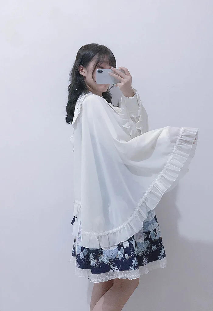 Description Picture 5 of itemChiffon Hooded Wrap Shawl Open Front Top Cardigan Tie Cover-Up Jacket For Women Ruffle Blouse Cape Cloak Coat Lolita Poncho Lady