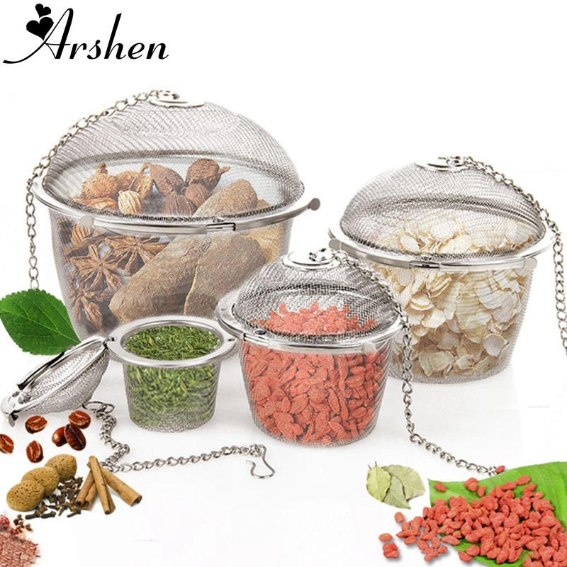Description Picture 4 of itemArshen 3 Sizes Spice Seasoning Bag Tea Strainer Chained Lid Stainless Steel Mesh Ball Tea Coffee Filter Basket Infuser Tools