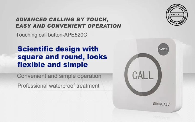 Description Picture 2 of itemSINGCALL Wireless Calling System, Big Touchable Two Keys, Waterproof Pager, Call and Cancel Keys, APE520C with Hand Shank