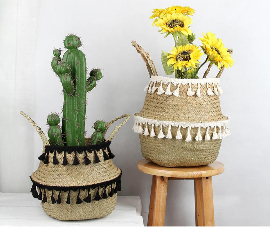 Description Picture 4 of itemBoho Decor Wicker Baskets Storage Hand Woven Rattan Basket Foldable Pot with Handle Plant Cestos Mimbre Panier Rangement Osier
