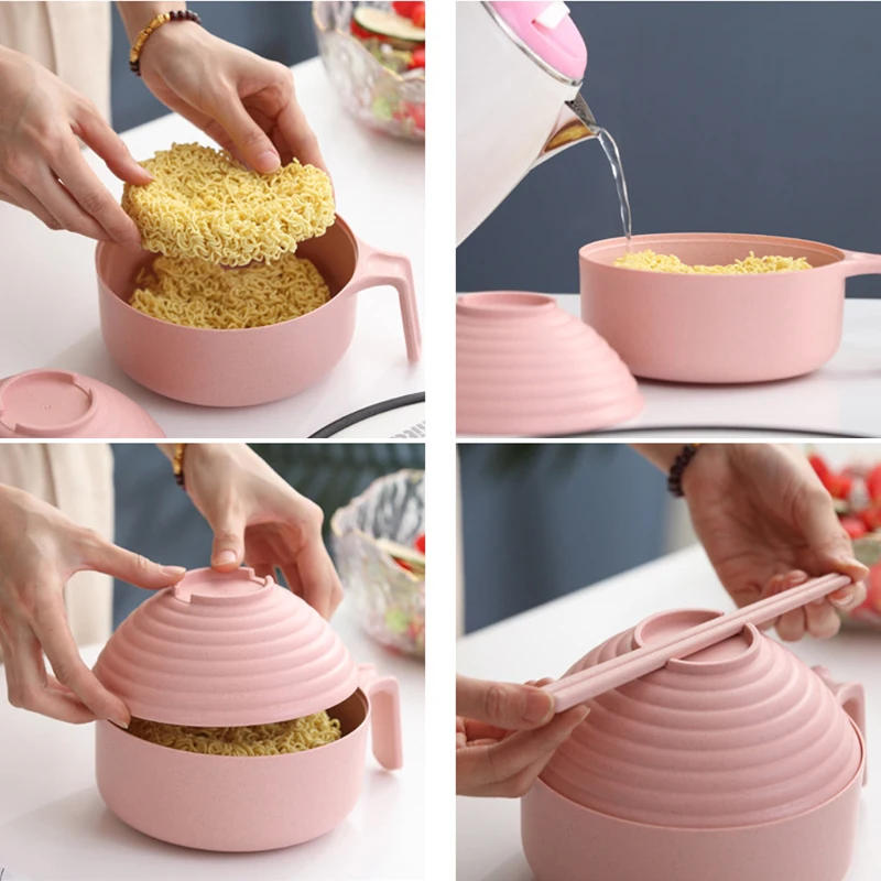 Description Picture 6 of itemEco-Friendly Wheat Straw Instant Noodles Bowl With Lid Handle Dinnerware Set Soup Salad Rice Bowl Microwaveable Japanese Bowls