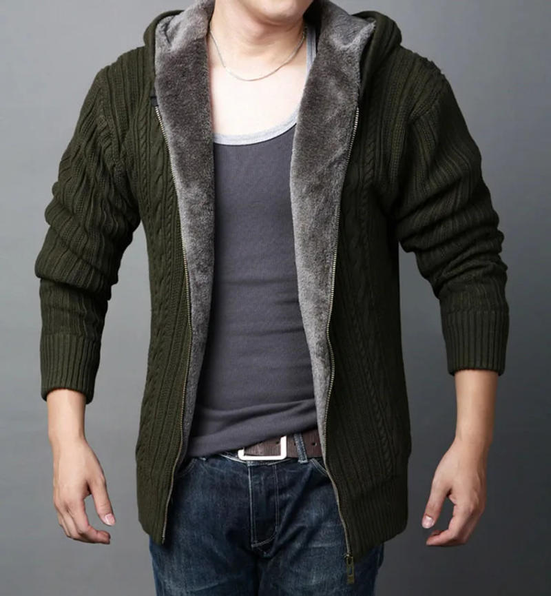 Description Picture 6 of itemMen Cardigan Plus Size Winter Thick Warm Wool Male Knitted Slim Fit Cashmere Fleece Sweater Autumn Hooded Coat Zipper Black 5xl