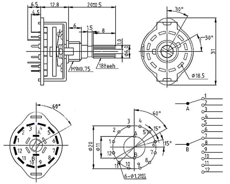 Description Picture 2 of item1pc RS25 Shaft Panel Mount 2P6T Band Rotary Switch Selector 2 Pole 6 Position 20MM Plum Shaft With Switch Cap