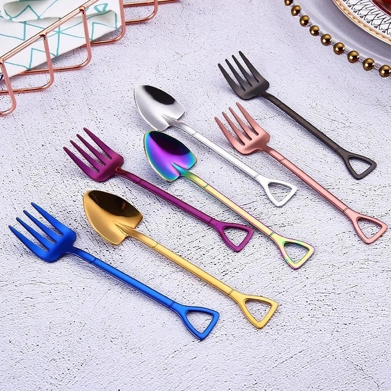 Description Picture 2 of item1PCS Creative Shovel Shape Dessert Spoon Stainless Steel Coffee Stirring Spoon Shovel Fork Fruit Fork Home Kitchen Tableware
