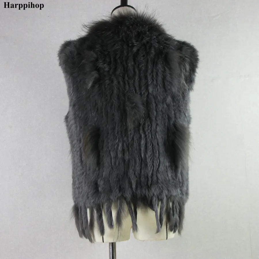 Description Picture 6 of itemHarppihop Free shipping womens natural real rabbit fur vest with raccoon fur collar waistcoat/jackets rex rabbit knitted winte