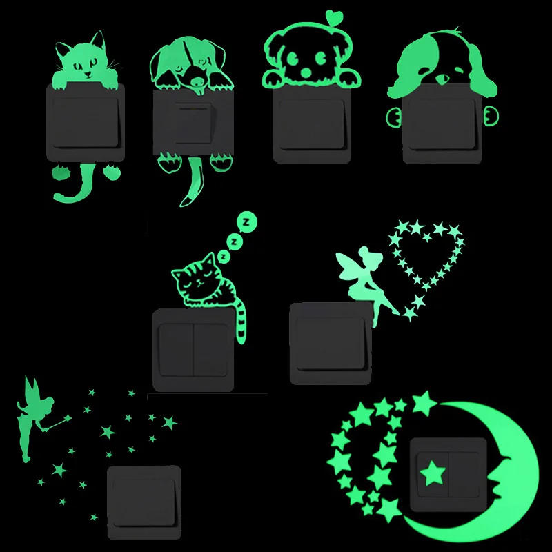 Description Picture 2 of itemFunny Cat Dog Switch Stickers Glow In The Dark Wall Mural Art Kids Room Home Decoration Fairy Star Moon Luminous Pvc Wall Decals