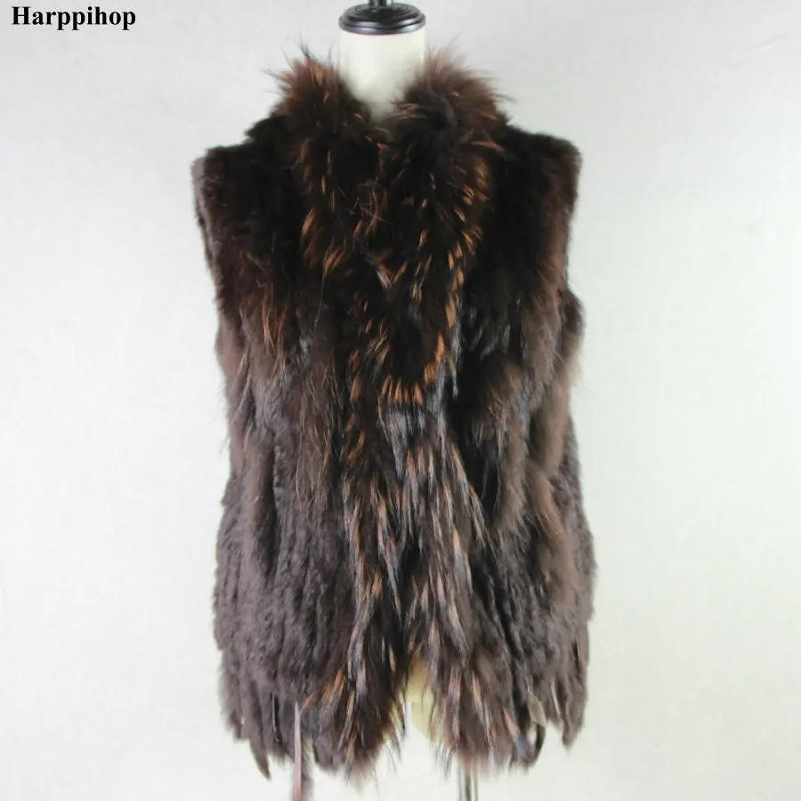 Description Picture 3 of itemHarppihop Free shipping womens natural real rabbit fur vest with raccoon fur collar waistcoat/jackets rex rabbit knitted winte