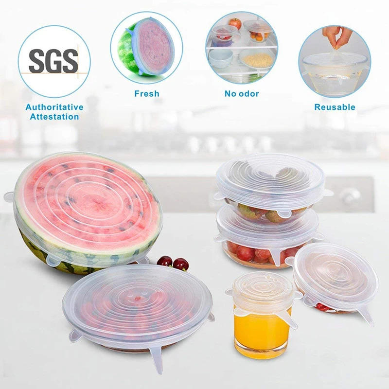 Description Picture 4 of item6 Pcs Silicone Stretch Lids Reusable Airtight Food Wrap Covers Keeping Fresh Seal Bowl Stretchy Wrap Cover Kitchen Cookware