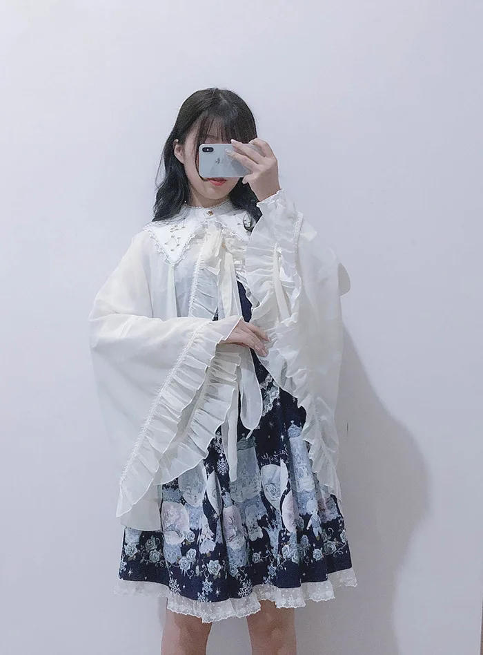 Description Picture 4 of itemChiffon Hooded Wrap Shawl Open Front Top Cardigan Tie Cover-Up Jacket For Women Ruffle Blouse Cape Cloak Coat Lolita Poncho Lady
