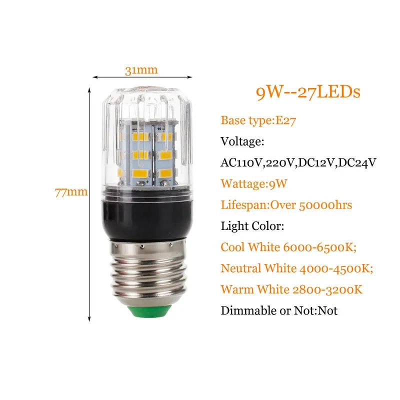 Description Picture 5 of itemE27 E14 E12 E26 SMD 5730 27LEDs 7W LED Corn Bulb Lamp Christmas Chandelier Candle Light Home Lighting AC 110V 220V DC 12V 24V