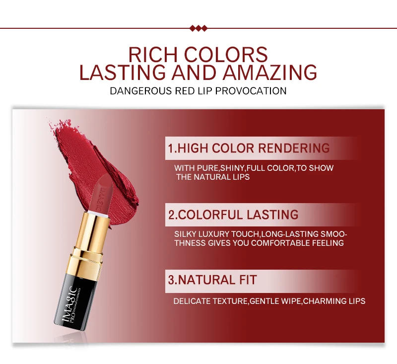 Description Picture 3 of itemIMAGIC Lipstick Moisturizer Lips Smooth Lip Stick Long Lasting Charming Lip Lipstick Cosmetic Beauty Makeup 12 Colors
