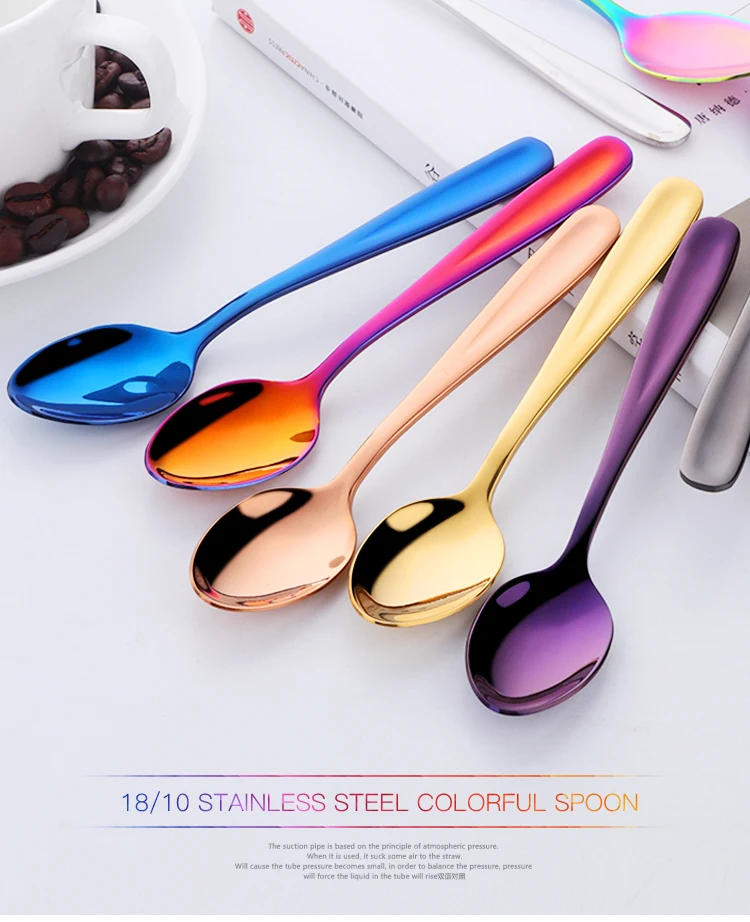 Description Picture 2 of item1Pc Tea Spoon Stainless Steel Coffee Spoons Children Mini Spoon Gold Dessert Scoop Rainbow Small Dinnerware Upgarded Party Tool