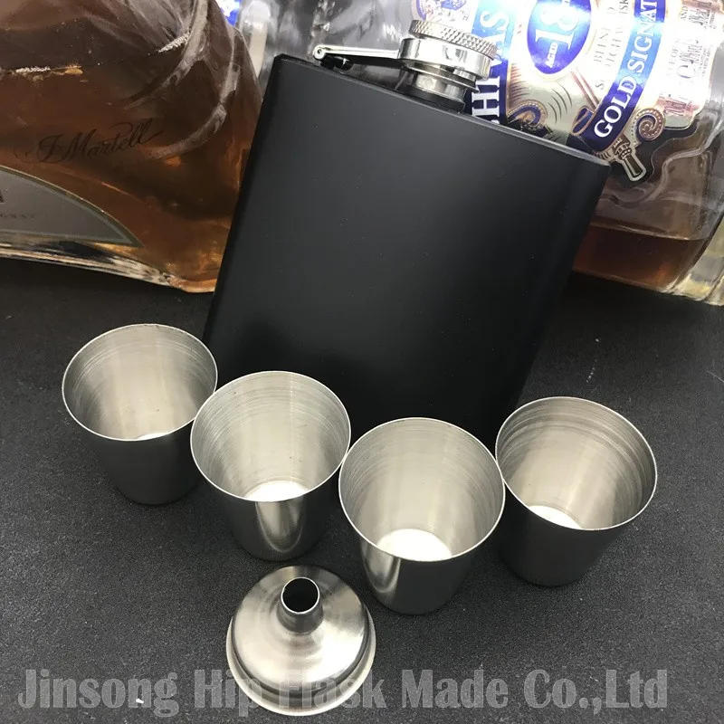 Description Picture 4 of item68set  Matt black  6oz hip flask with  4 cups and one funnel in black gift box,18/8 stainless steel