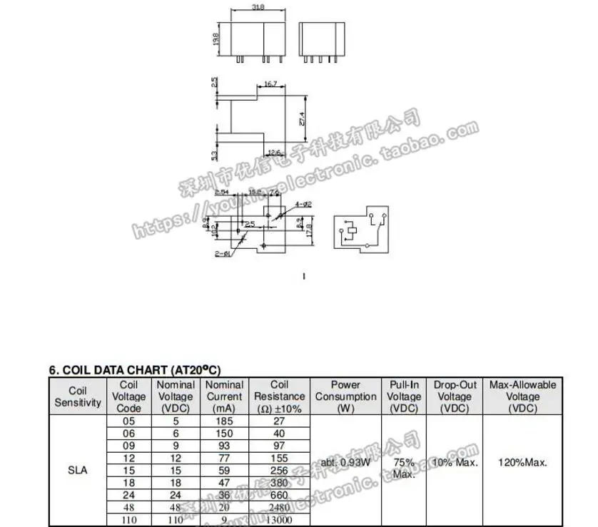 Description Picture 3 of item100% Original New Power Relay SLA-05VDC-SL-C SLA-12VDC-SL-C SLA-24VDC-SL-C 5V 12V 24V 6Pin PCB Relay 30A New Original