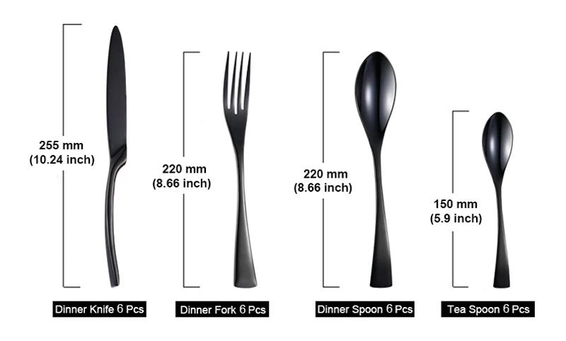Description Picture 2 of item24 Pcs 18/10 Stainless Steel Black Gold Silver Cutlery Dinnerware Meat Knives Coffee Spoon Fork Flatware Set Dishwasher Safe