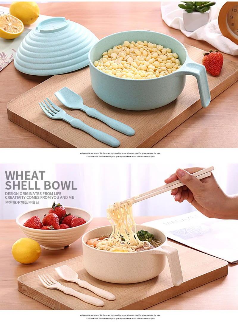 Description Picture 5 of itemEco-Friendly Wheat Straw Instant Noodles Bowl With Lid Handle Dinnerware Set Soup Salad Rice Bowl Microwaveable Japanese Bowls