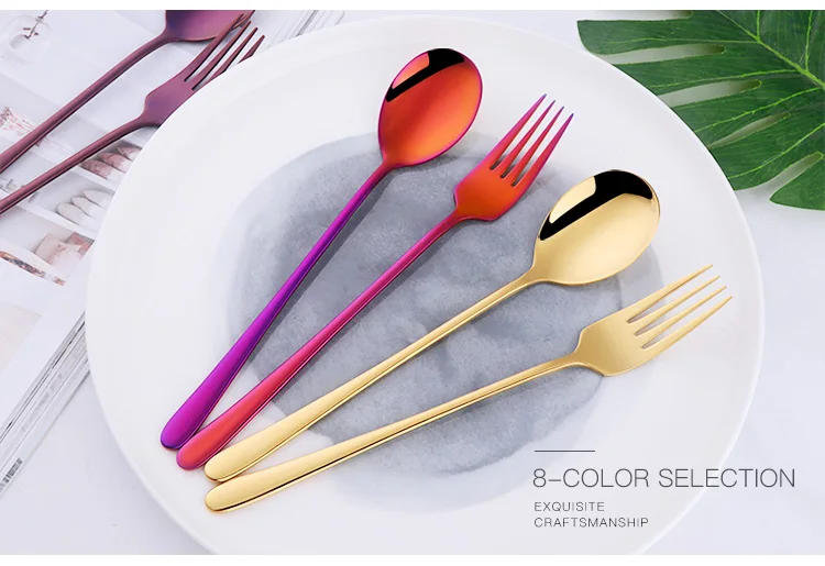 Description Picture 2 of item2 Pcs/set Dinner Fork Stainless Steel Fork And Spoon Set Gold Dinnerware Kitchen Utensil Colorful Spoon Safety Adult Flatware